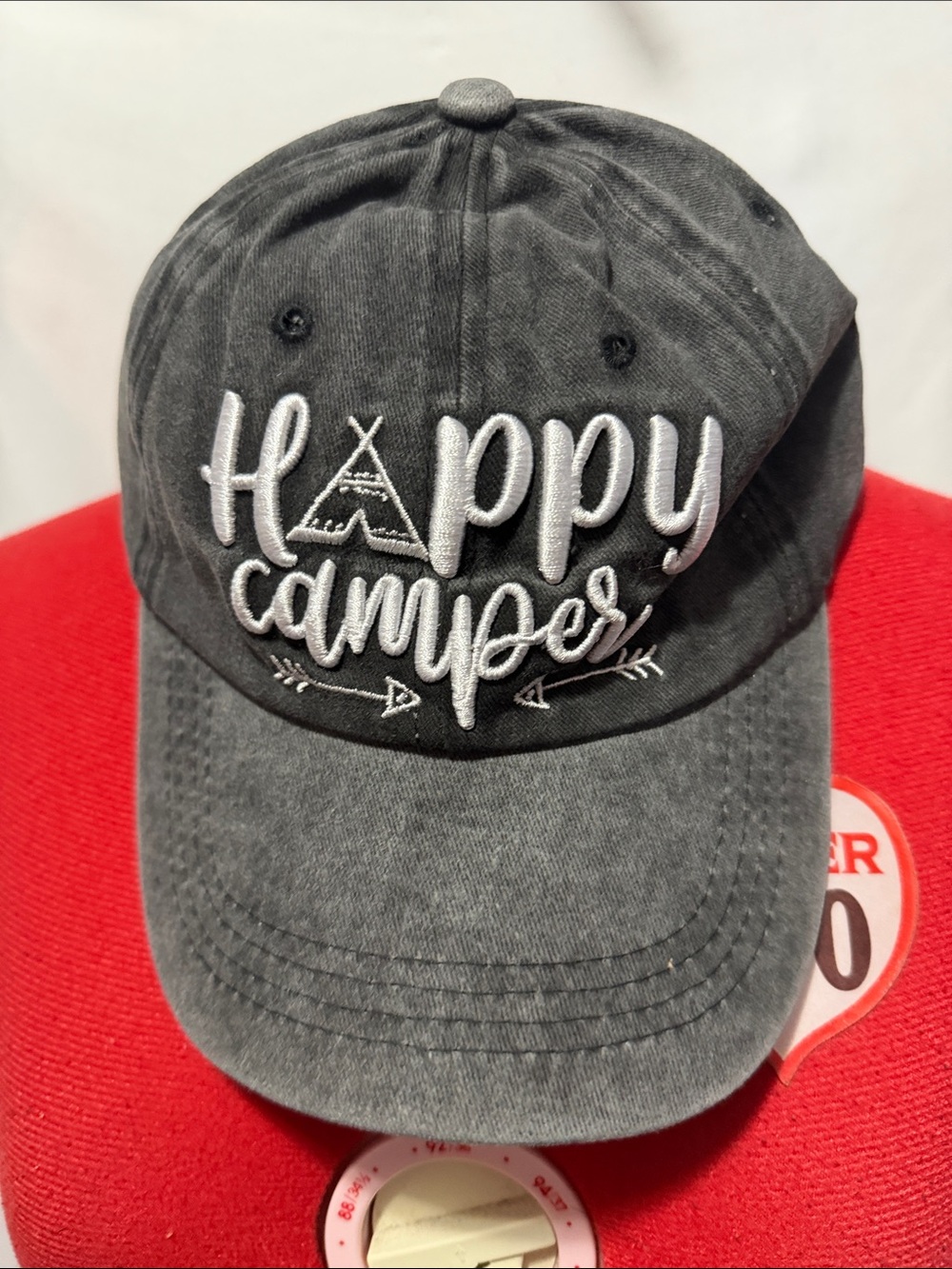 Happy Camper Embroidered Baseball Cap - Gray